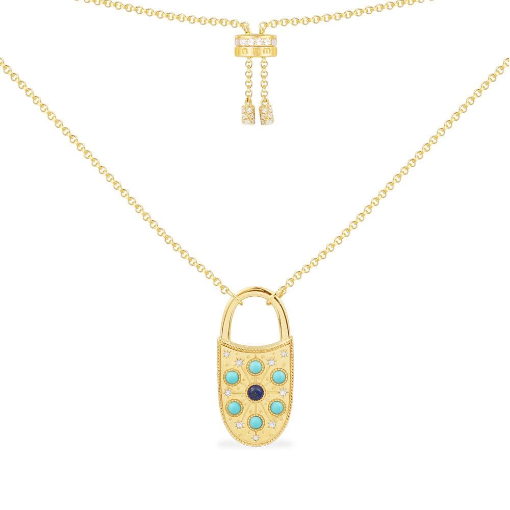 Blue Stone Lock Pendant Adjustable Necklace