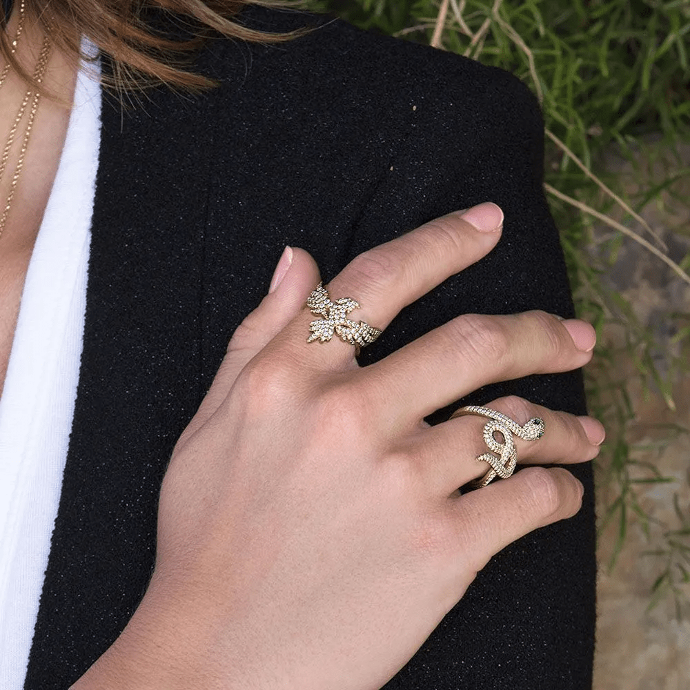 Serpent Ring with White and Green Stones