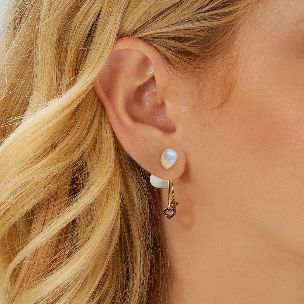 Mono Pearl Underlobe Earring With Heart And Star Pendants