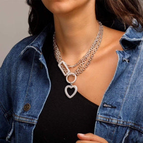 Heart Circle And Rectangle Triple Chain Necklace