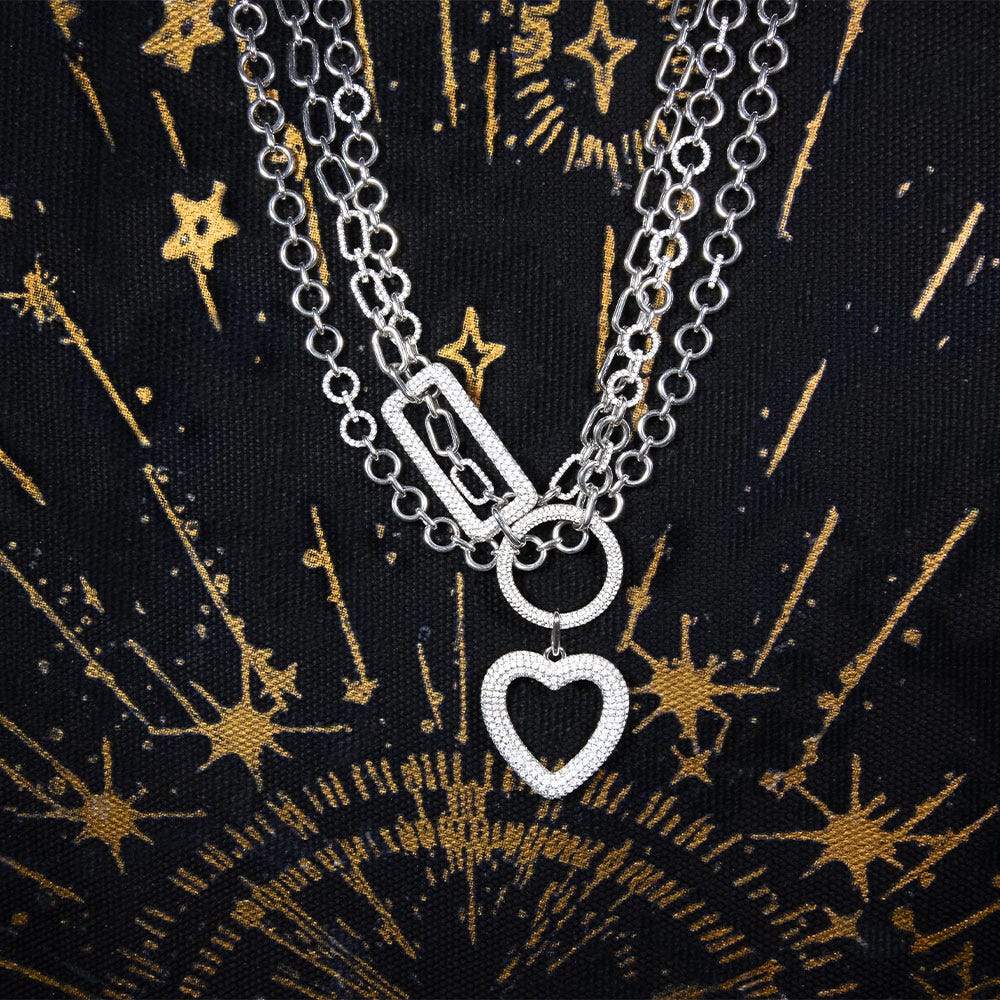 Heart Circle And Rectangle Triple Chain Necklace
